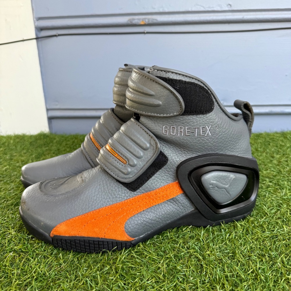 Puma Flat2 GTX V2 Moto Boots Grey Leather Mens 7.5 Womens 9 US Waterproof Racing